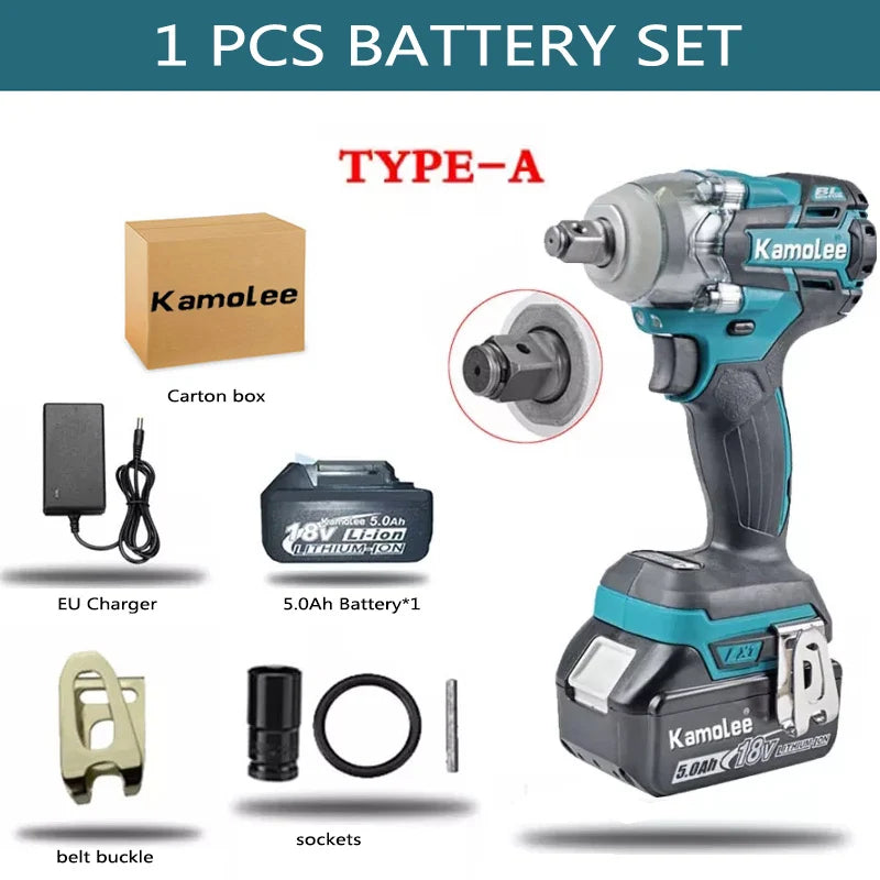 Kamolee 520N.m Brushless Electric Impact Wrench 1/2 and 1/4 Inch Household Wireless Charging Small 18V Battery Wrench Tool
