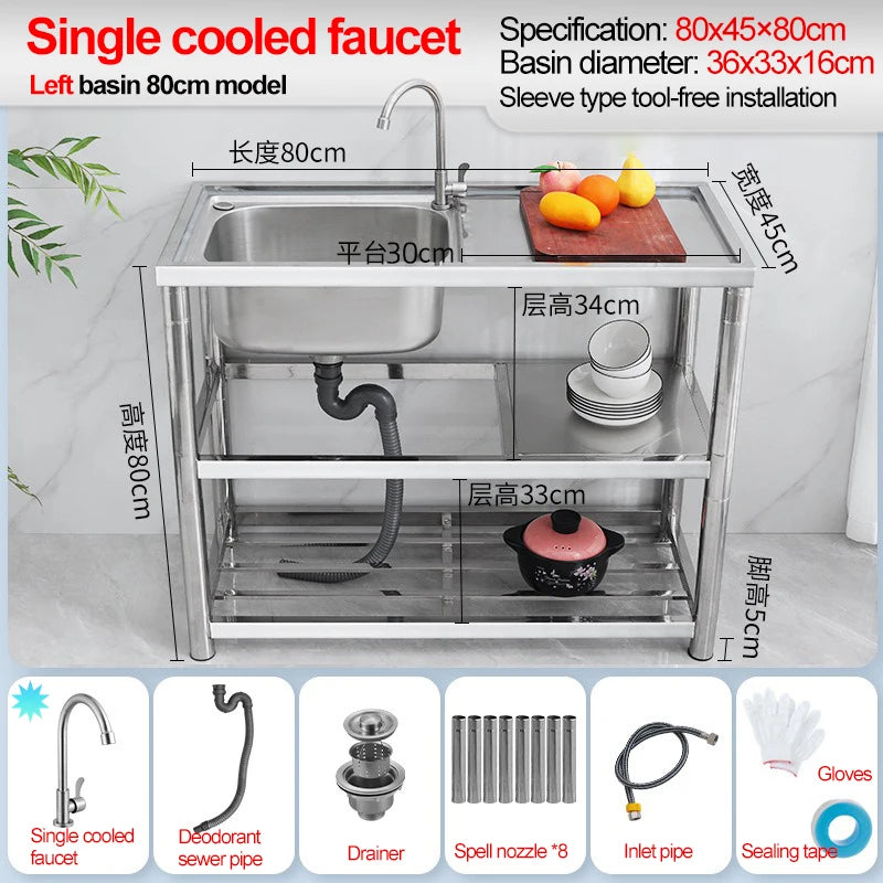 Stainless Steel Sink Kitchen Household Thickened Single Trough with Bracket Wash Basin Sink with Platform Easy Landing
