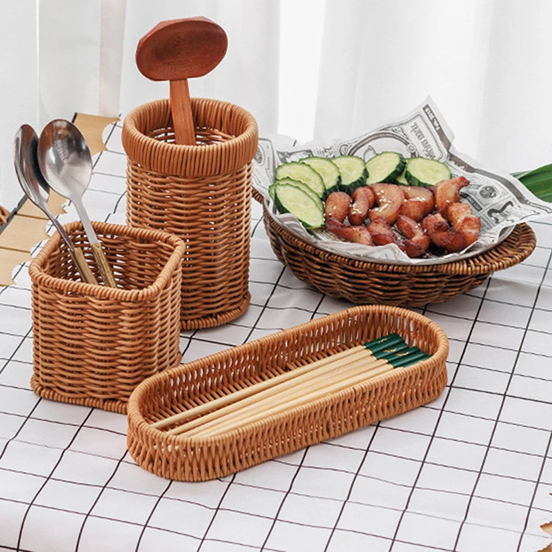 Imitation Rattan Hotel Restaurant Knife And Fork Basket Chopstick Storage Box Seasoning Jar Basket Kitchen Storage Rack