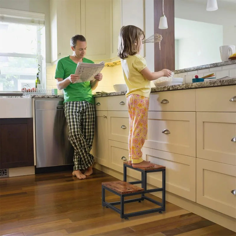 2-Step Stool for Adults & Kids, Heavy-Duty Steel & Wooden, Supports 500lbs, Ideal for Kitchen, Bedroom, Bathroom