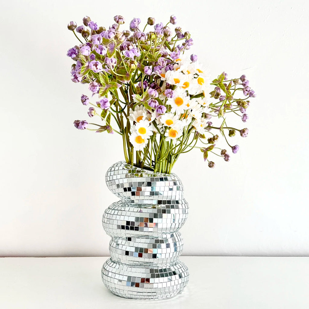 Disco Ball Spiral Vase Unique Glass Tiles Flower Bottle Disco Ball Planter Silver Mirror Vase Home Living Room Office Decor