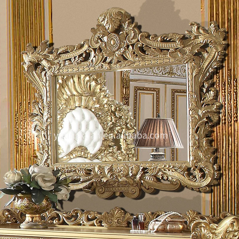 European Antique Solid Wood Makeup Vanities Bedroom Dresser Chair with Elegant Old World Design and Mirror for Apartment Use