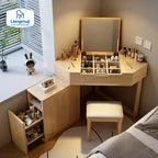 Modern Corner Dressing Vanity with Mirror and Makeup Vanity Set with Charging Station for Bedroom/Cloakroom Wooden Vanity Table