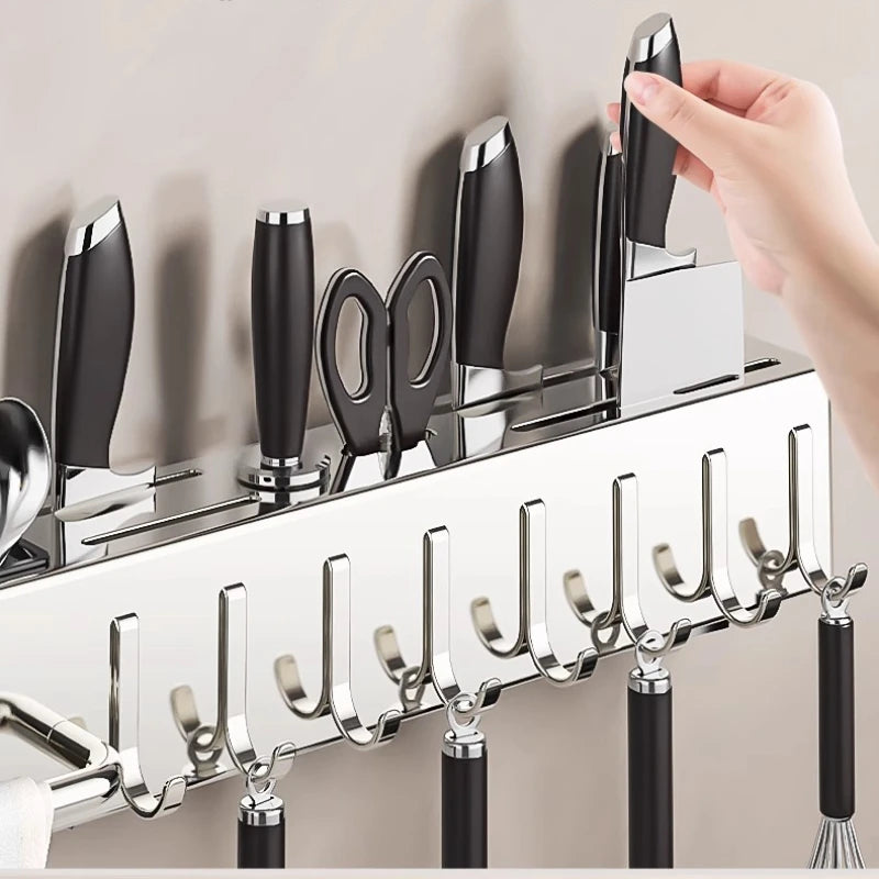 Stainless Steel Wall-Mounted Knife Rack No-Drill Kitchen Utensil Holder Chopstick Organizer All-In-One Storage Shelf for Home