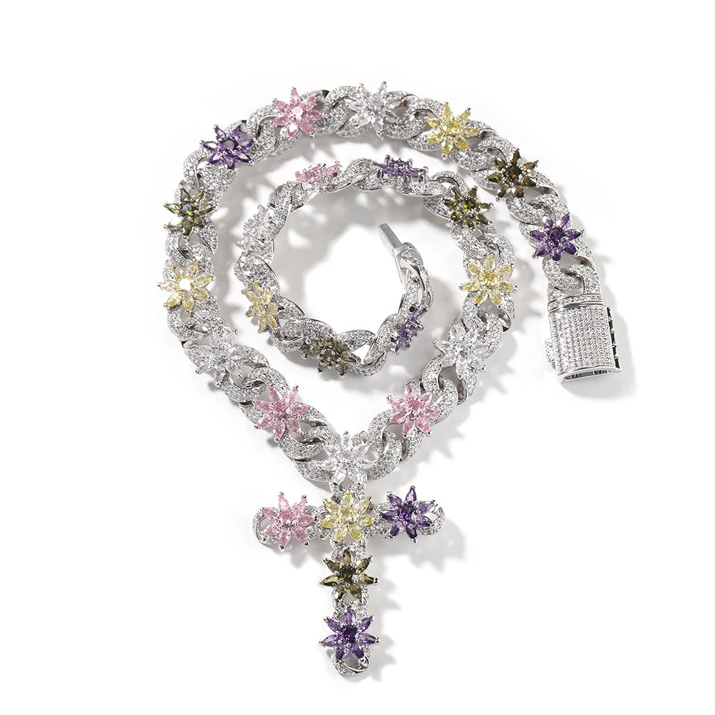 Colorful Flower Cuban Chain - Full Paved Iced Out Baguette CZ Hip Hop Necklace | AlluCanFind