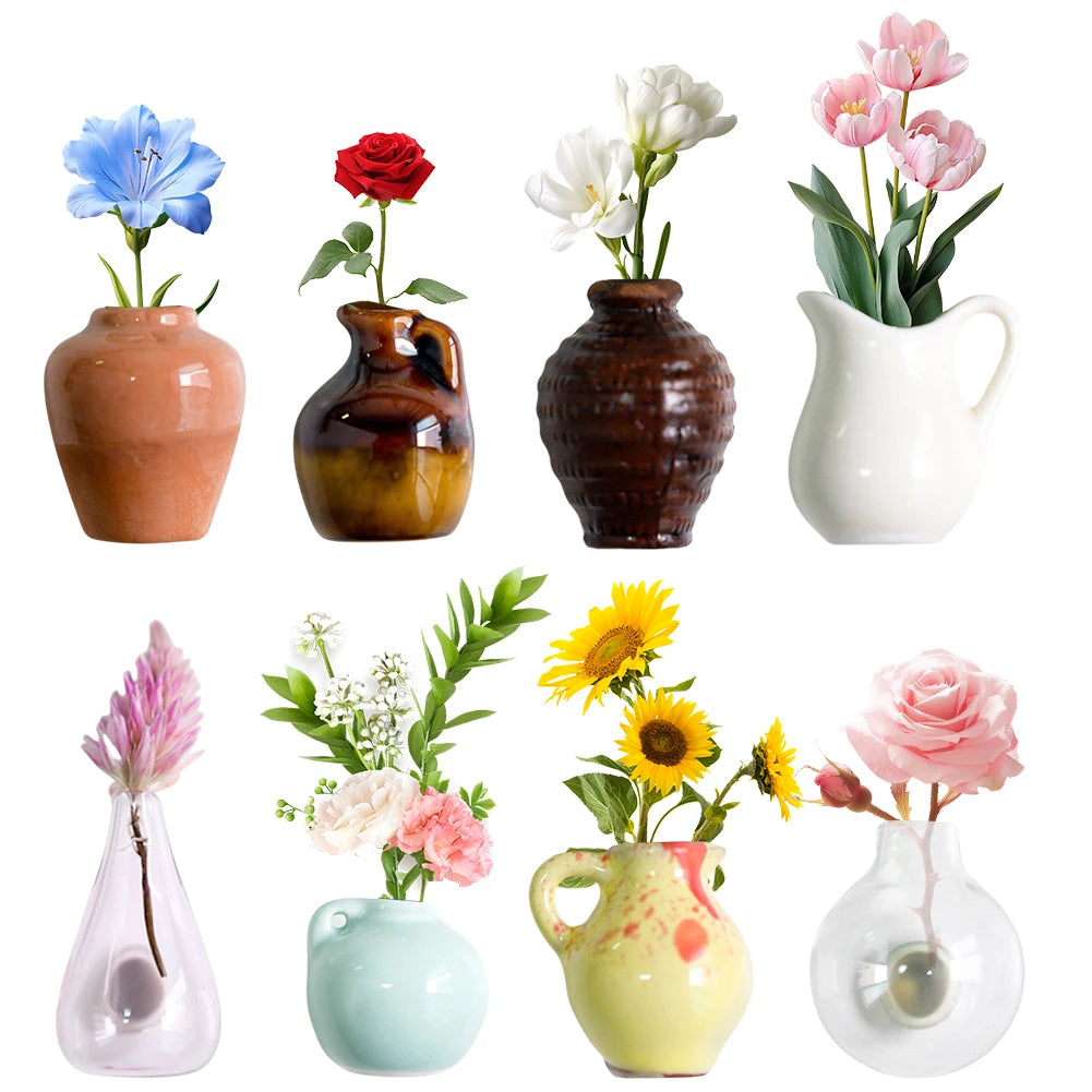 3-14pcs Set Mini Ceramics Vase Fridge Magnets Label Mini Bonsai Magnet Button Potted Simulation Flower Vase Refrigerator Message