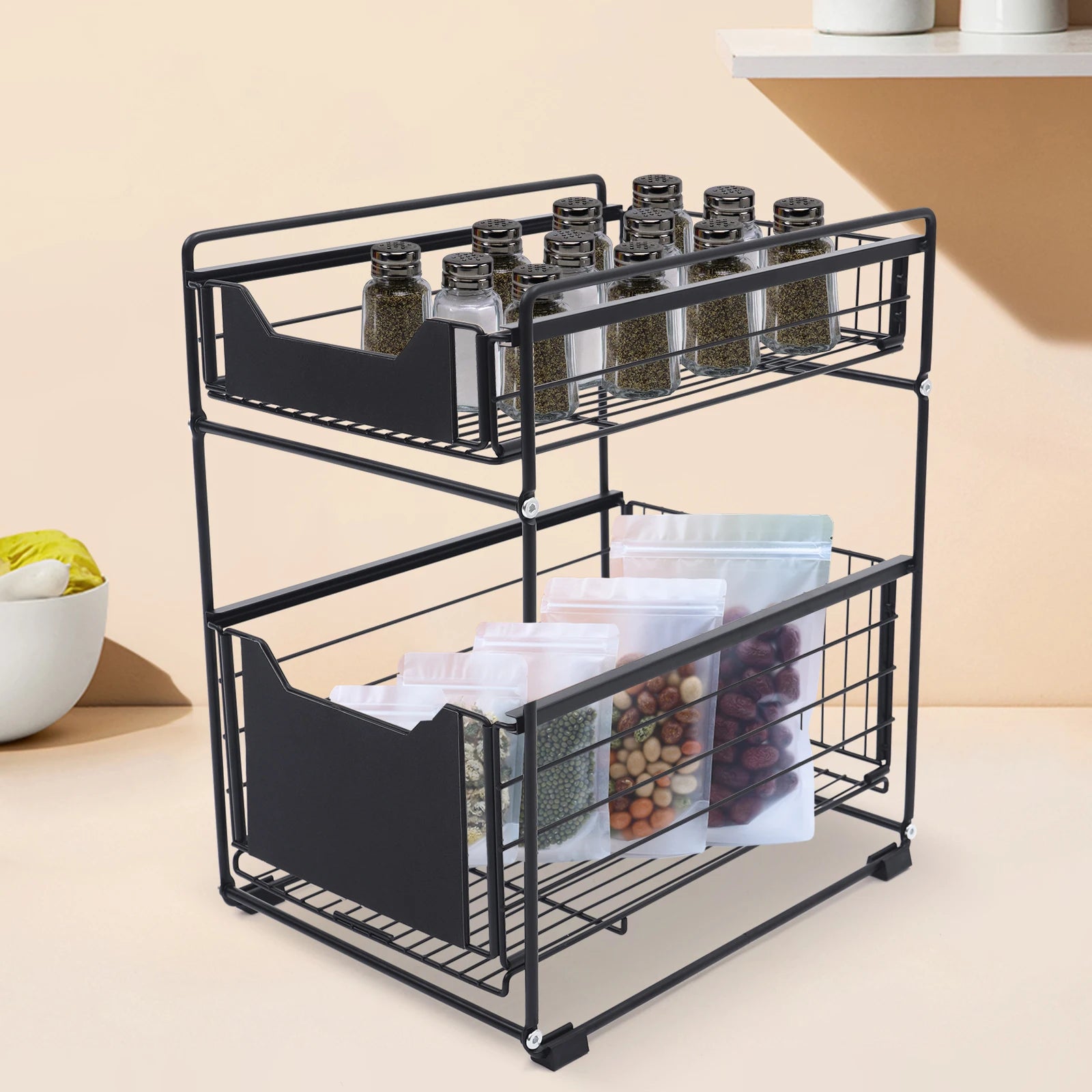 Double-Layer Large Storage Rack Space Saving Rack Organizer Hidden Push-Pull Drawers for Sink Countertops Corners