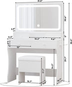 LIKIMIO Vanity Desk with LED Lighted Mirror & Power Outlet, Dressing Makeup Table Set with Storage Stool and Hair Dryer Stand