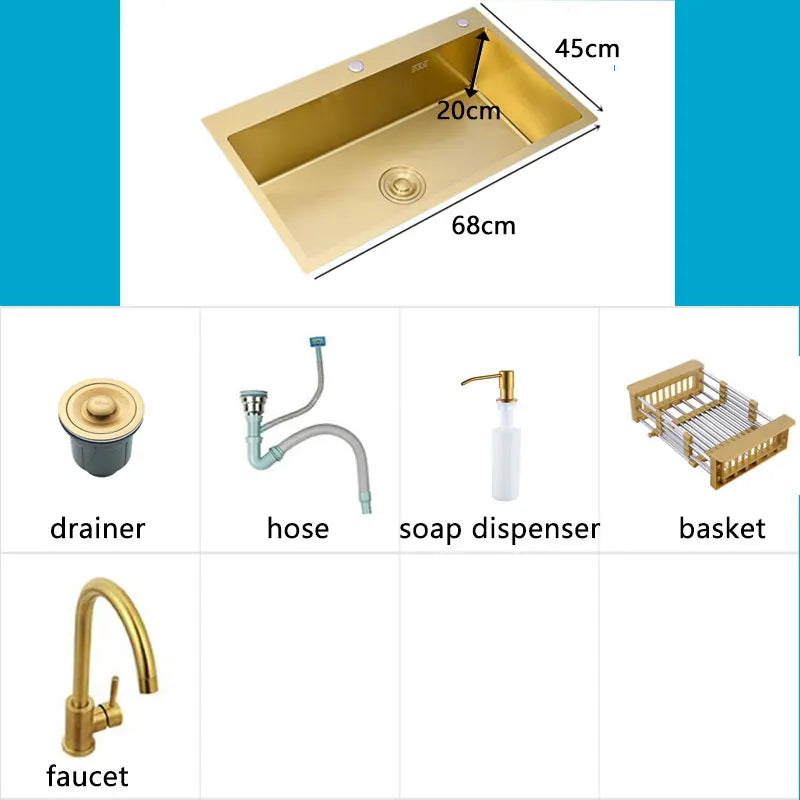 Gold Kitchen Sink Above Counter 304 Stainless Steel Single Bowl Goldn Basket Drainer Soap Dispenser Washing Basin