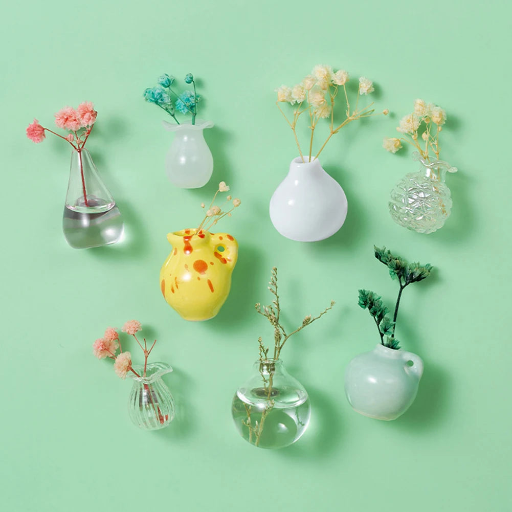 3-14pcs Set Mini Ceramics Vase Fridge Magnets Label Mini Bonsai Magnet Button Potted Simulation Flower Vase Refrigerator Message