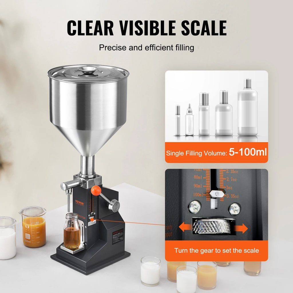 VEVOR 5-100ml Manual Paste Liquid Filling Machine Stainless Steel Adjustable Bottle Filler with Hopper for Water Juice Oil Honey