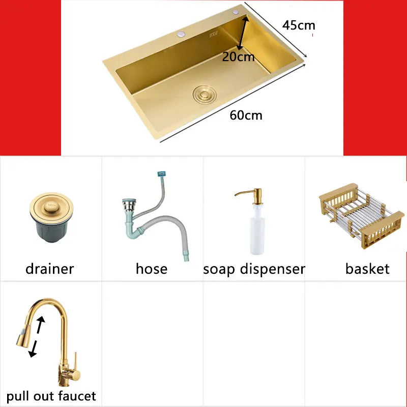 Gold Kitchen Sink Above Counter 304 Stainless Steel Single Bowl Goldn Basket Drainer Soap Dispenser Washing Basin