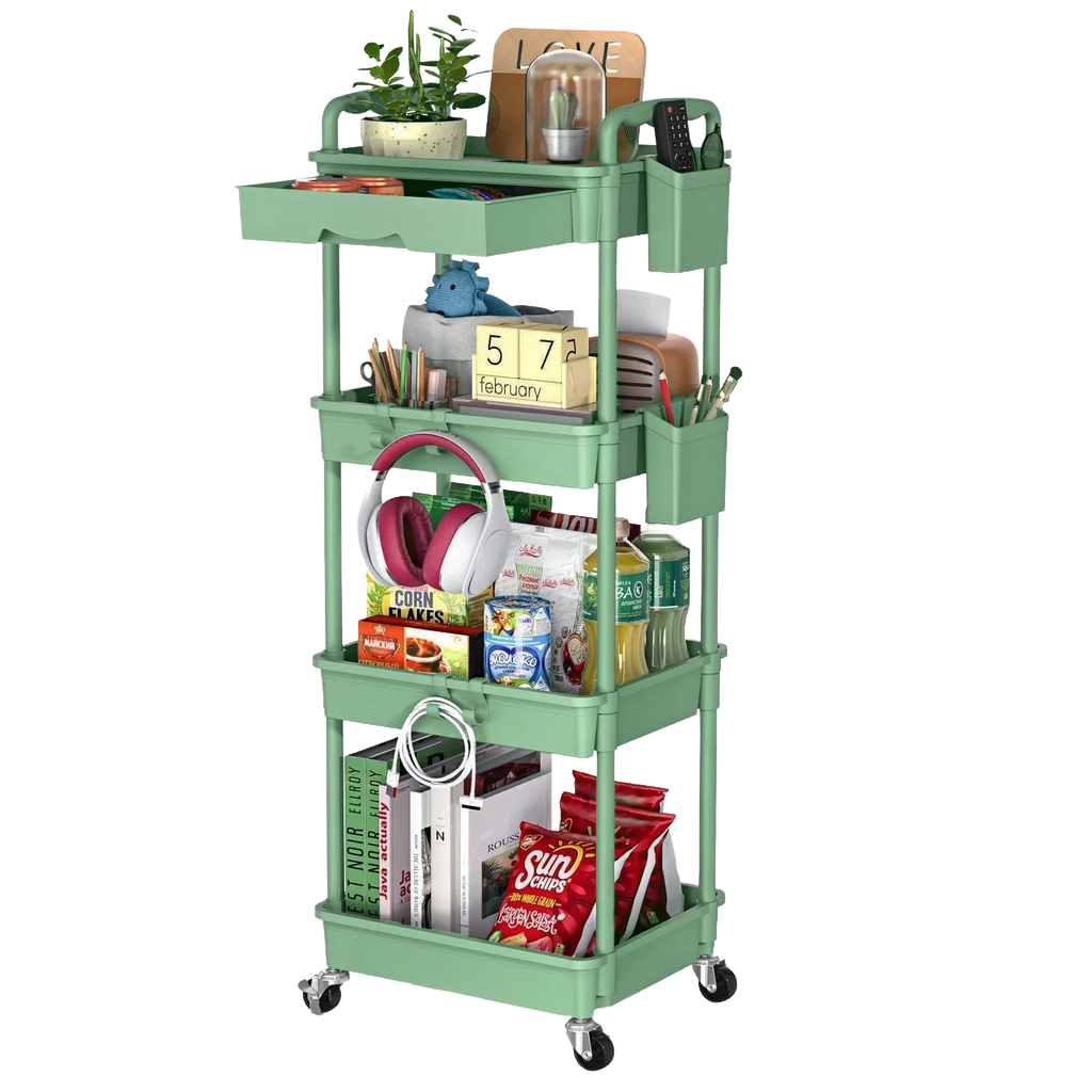 4 Tier Rolling Utility Cart with Drawer,With Drawer & Extended Poles,With Plastic Shelf & Lockable Wheels,Smooth Mobility