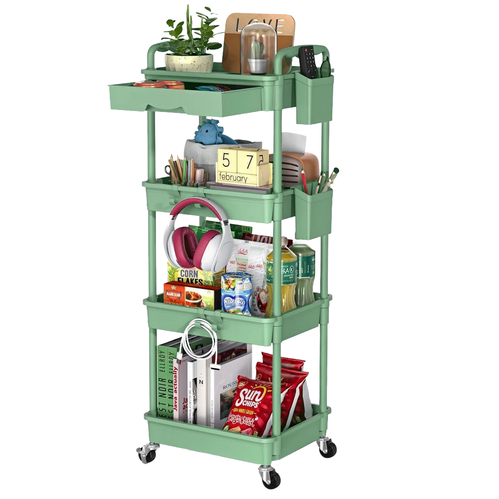 4 Tier Rolling Utility Cart with Drawer,With Drawer & Extended Poles,With Plastic Shelf & Lockable Wheels,Smooth Mobility