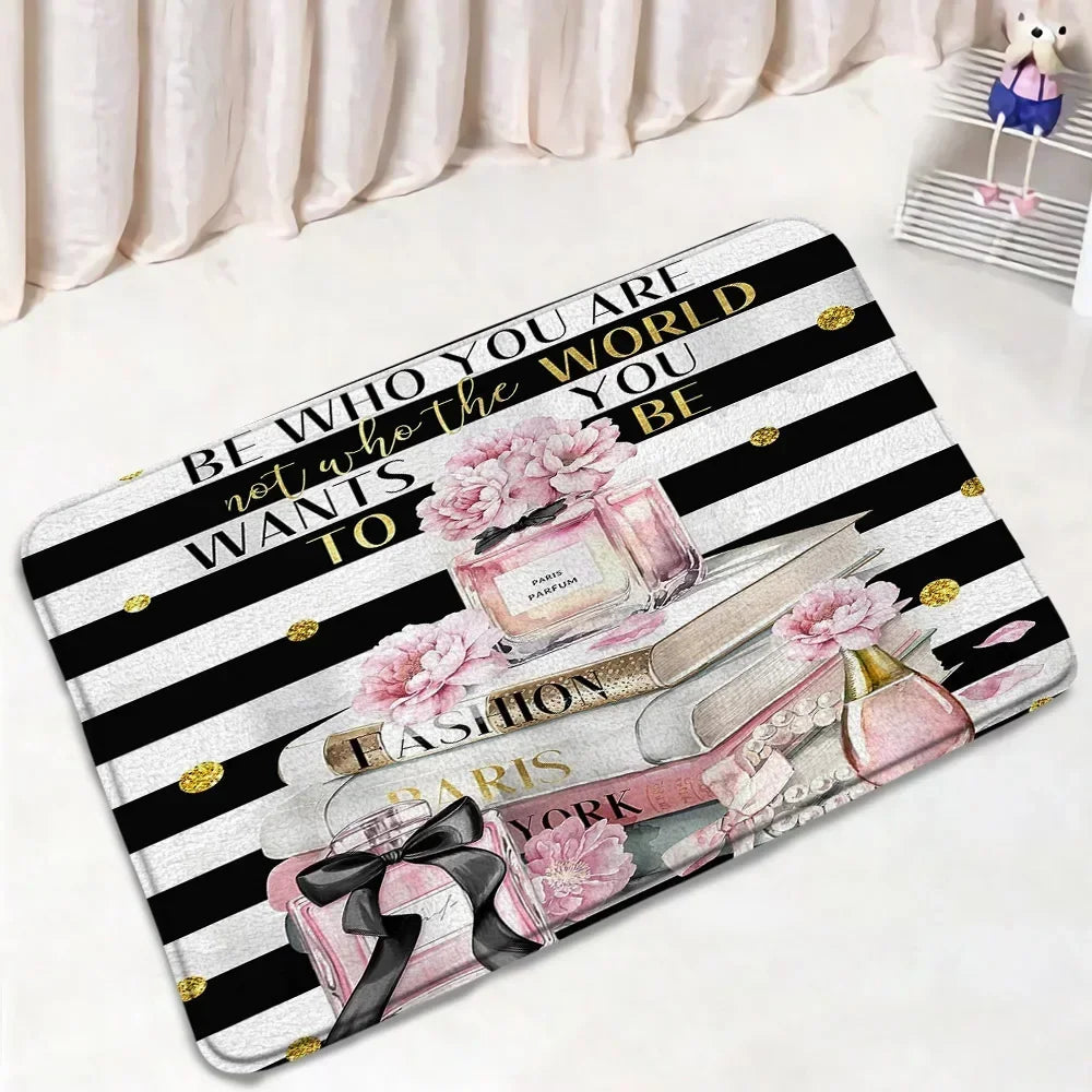 Fashion Perfume Shower Curtain Set Pink Rose Flower Modern Woman Girl Home Bathroom Decor Non Slip Rug Bath Mat Toilet Lid Cover