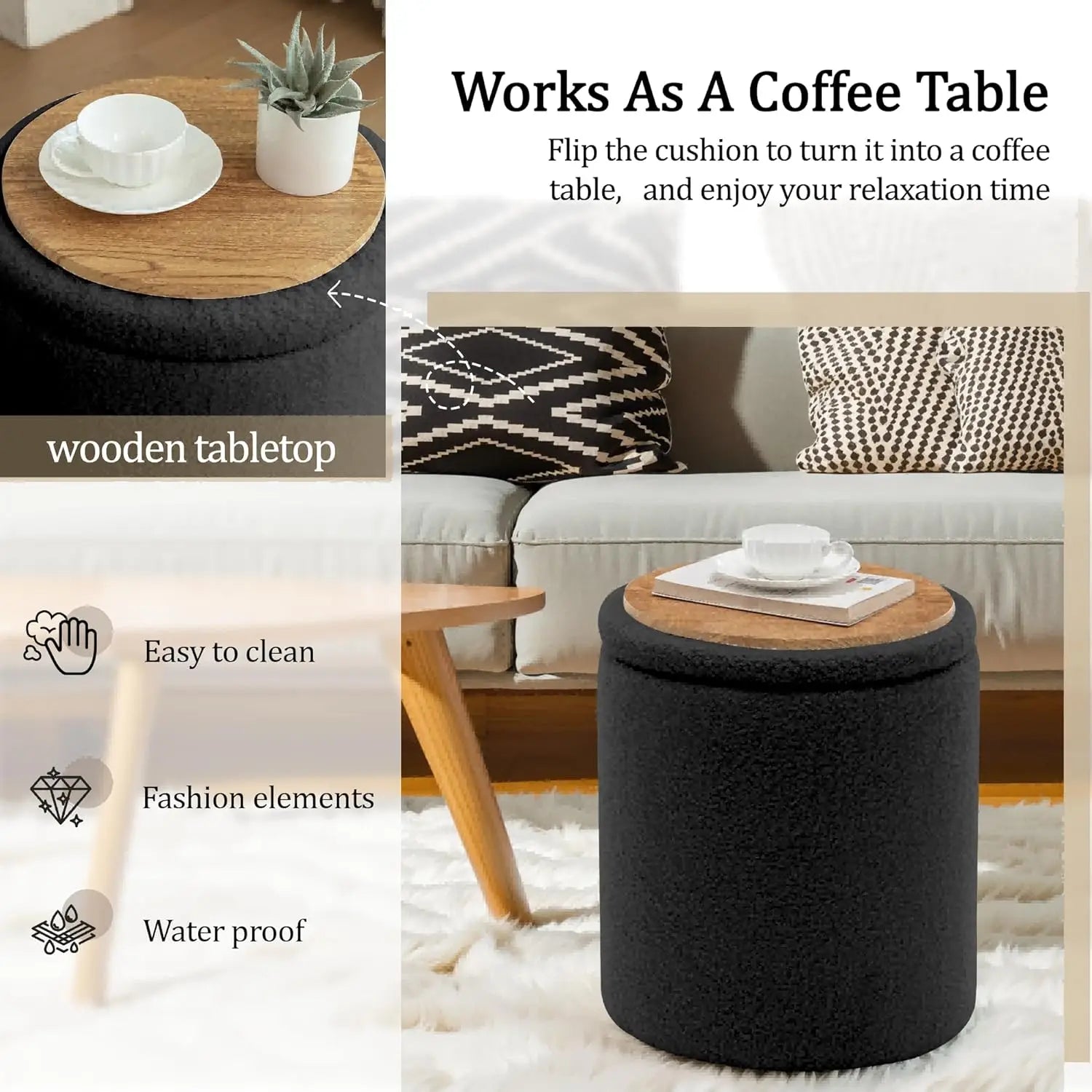 Round Ottoman With Storage Set Of 2, Small Vanity Stool With Storage As Vanity Chair, Sherpa Black Ottoman Foot Rest For Small