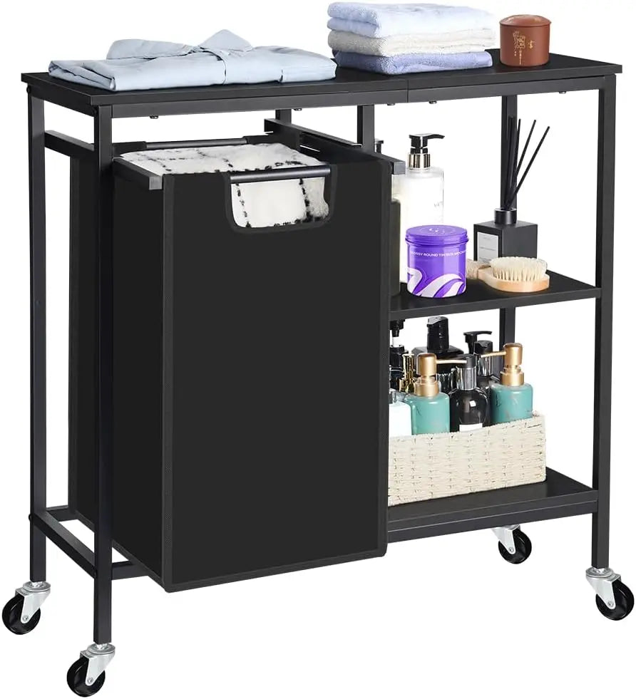Pull-Out Laundry Basket with Shelf and  three Shelf,Laundry Basket Organizer Section with Removable Laundry Bags for clothes