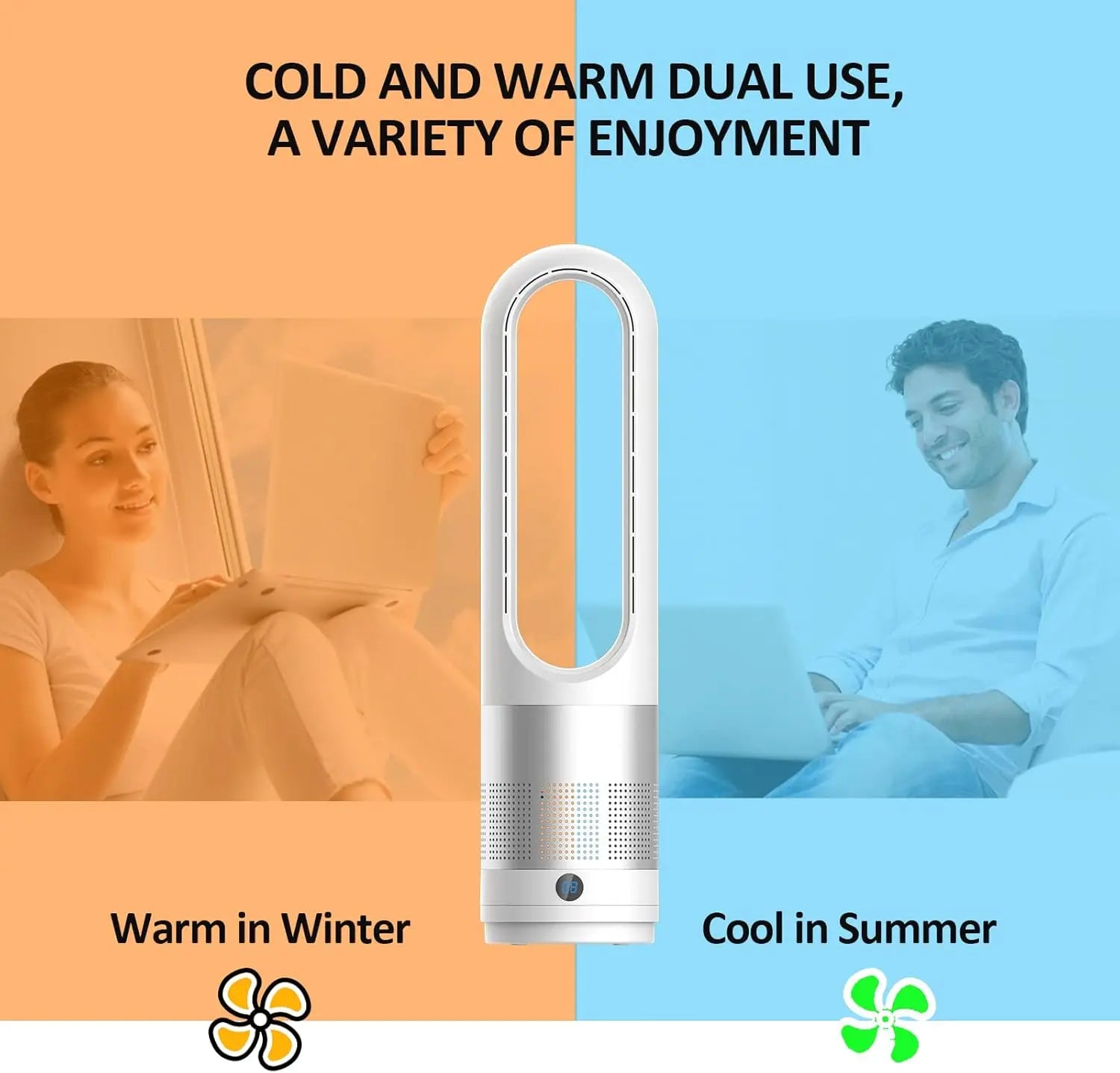 Bladeless Tower Fan Space Heater Cooler Fan Combo with Remote 80°Oscil