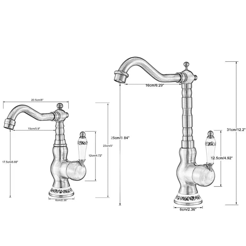 Antique Brass Kitchen Faucet Hot & Cold Mixer Tap Single Hole Bathroom Faucet  Rotatable crane Blue and white porcelain handle