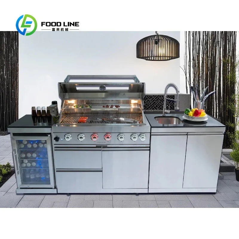 Customized Modular DIY Stainless Steel Outdoor Kitchen with Grill Fridge Sink Adjustable Height for Patio Backyard