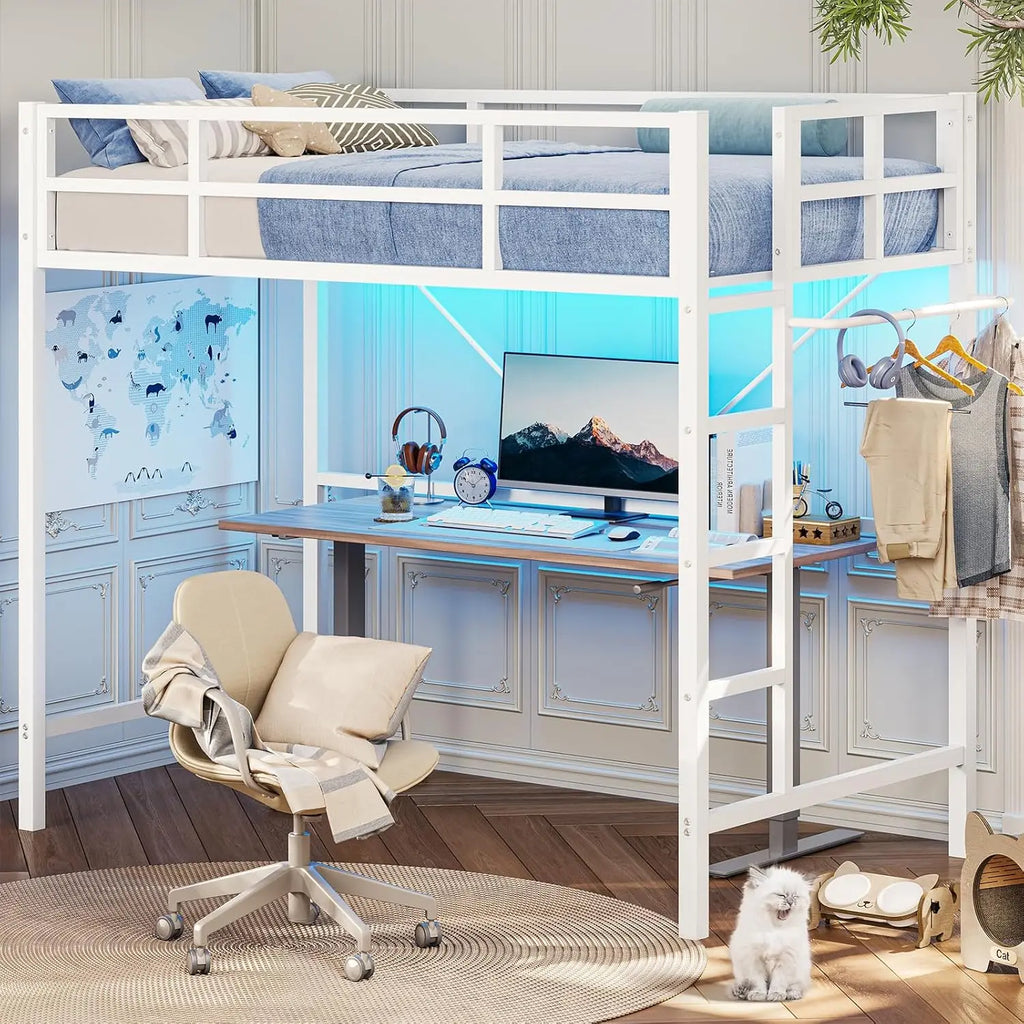 Twin Loft Bed with LED Lights, Metal Loft Bed Twin Size with Full-Length Guardrail Clothes Rack, Heavy Duty Metal Loft Bed Frame