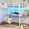 Twin Loft Bed with LED Lights, Metal Loft Bed Twin Size with Full-Length Guardrail Clothes Rack, Heavy Duty Metal Loft Bed Frame