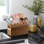Wooden Utensil Storage Organizer Countertop with 3 Adjustable Compartments Kitchen Cutlery Holder Silverware Caddy Organizer