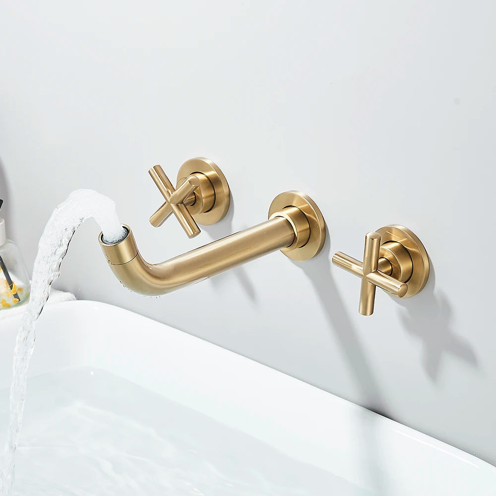 Brushed Golden Basin Faucet Wash Basin Sink Faucet Bathroom Basin Taps Wall Mounted Hot Cold Water Mixer Tap Bathtub Mixer