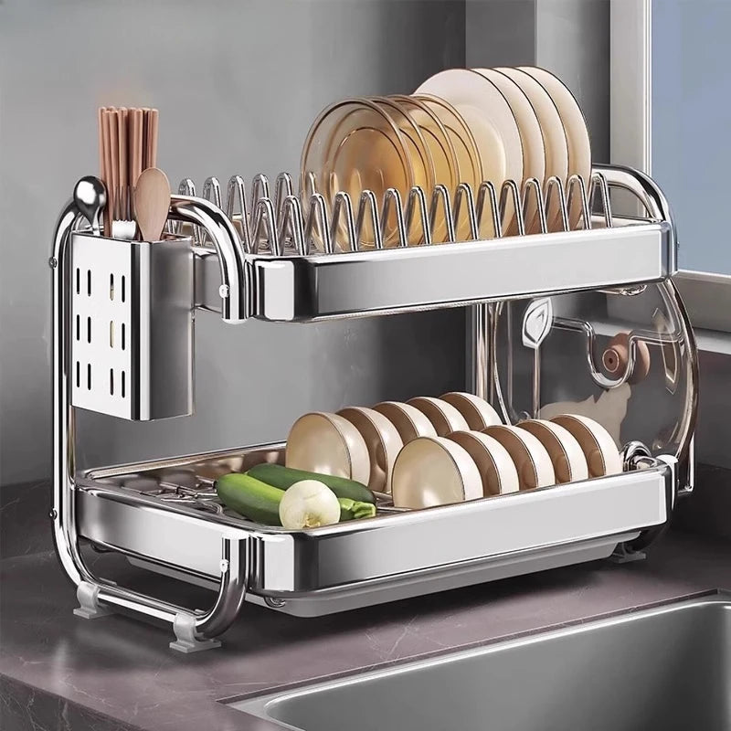 Stainless Steel Dish Rack Heavy Duty Compact Kitchen Sink Organizer with Drainage Tray Drying Rack for Plates Cups And Cutlery