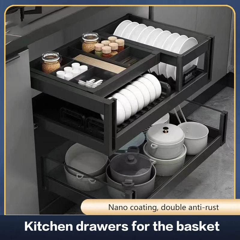 SSOUIM Kitchen Easy Drawer Basket Cabinet Tilt Free Drawer Dish Basket Three-Layer Drawer Spice Pot Storage Rack