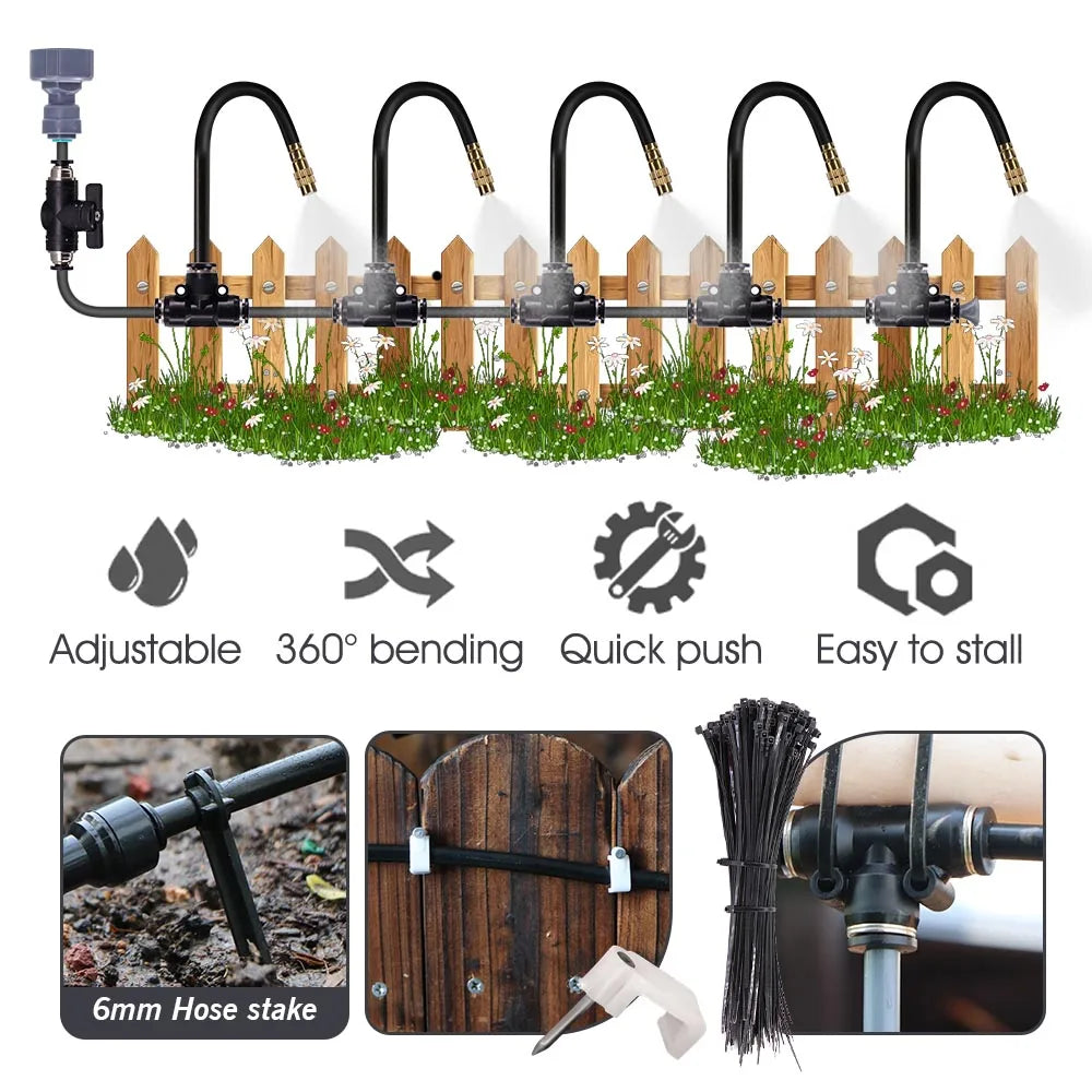 60w Self-priming Pump Garden Misting Cooling System 360° Free-bend Misting Nozzle Adjustable Fine Atomizer for Outdoor Watering