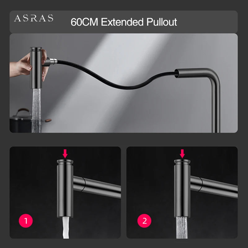 Black Brass Waterfall Faucet Hot And Cold Water Kitchen Faucet Single Handle Switch Pull Out 360 Degree Kitchen Mixer Tap
