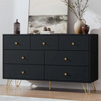 Black Dresser for Bedroom, Modern 7 Drawer Dresser with Gold Handles and Metal Legs, Black and Gold Dressers & Chest of Drawers