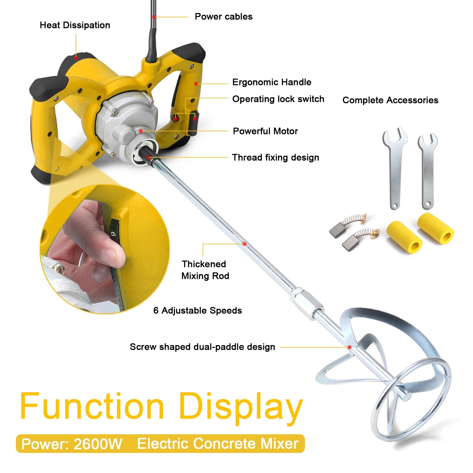 2600W Electric Concrete Mixer Portable Handheld Concrete Cement Mixer 6 Speeds Adjustable Mixing Machine Thinset Mortar Grout