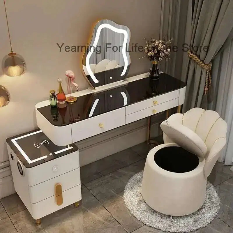 Luxury Glass Dressing Table with Smart Wireless Charging Bedroom Vanity Nightstand Makeup Table Drawers with Led Mirror Dresser