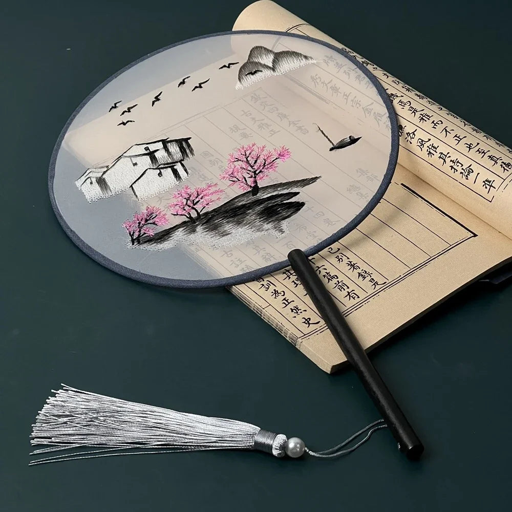 Chinese Ancient Style Round Fan Silk Embroidered Cheongsam Fan Dance Performance Photography Props Vintage Home Decor