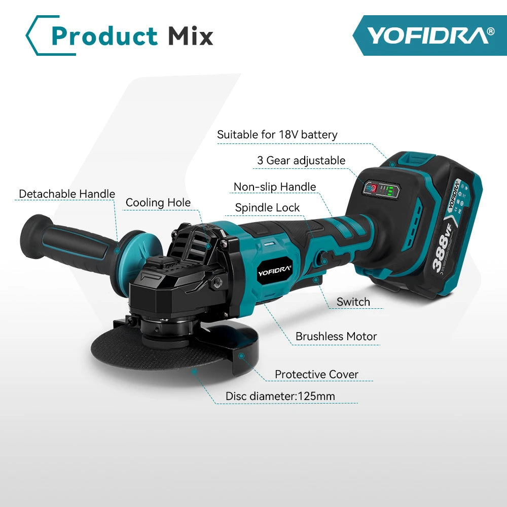 YOFIDRA 125mm Brushless Angle Grinder 3 Gears M14 Cordless Electric Impact Grinding Power Tool For Makita 18V Battery Pin