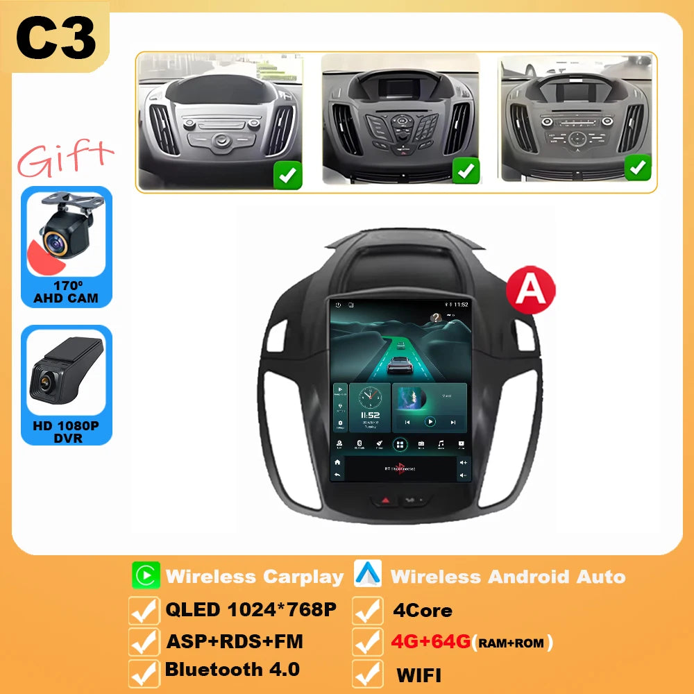 Wireless Android 15 Carplay For Ford Kuga 2 Escape 3 2012-2019 9.7 Inch Tesla Style Car Multimedia Player 5G Wifi Touch Display