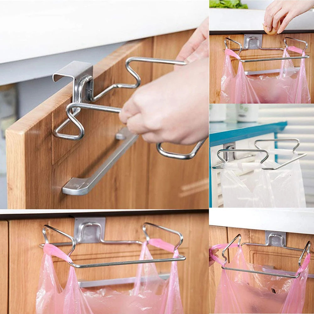 Stainless Steel Kitchen Garbage Bag Holder Hanging Cabinet Door Trash Rack Space-Saving Kitchen Gadget