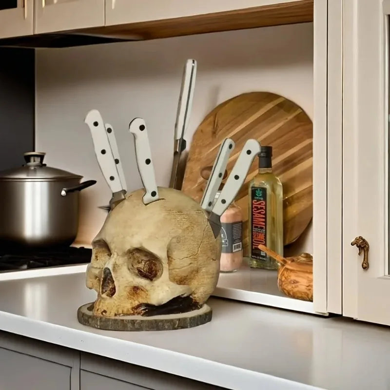 Skull Knife Holder Creative Kitchen Storage Rack Unique Countertop Cutlery Organizer Gothic Style Decorative Utensil Stand