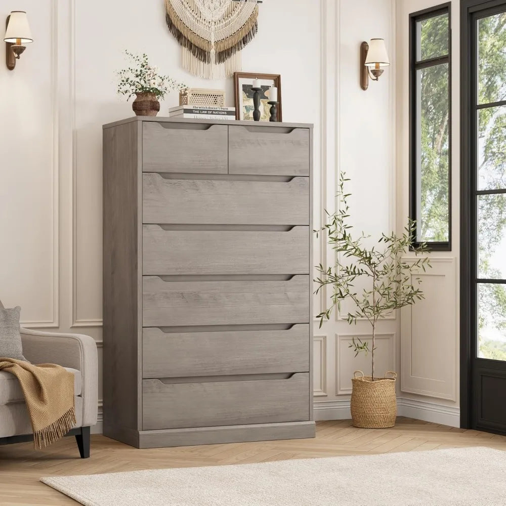 51" Tall 7 Drawers Dresser, Modern Grey Dresser, Wood Dressers & Chests of Drawers with Cut-Out Handles, Upright Drawer Chest,
