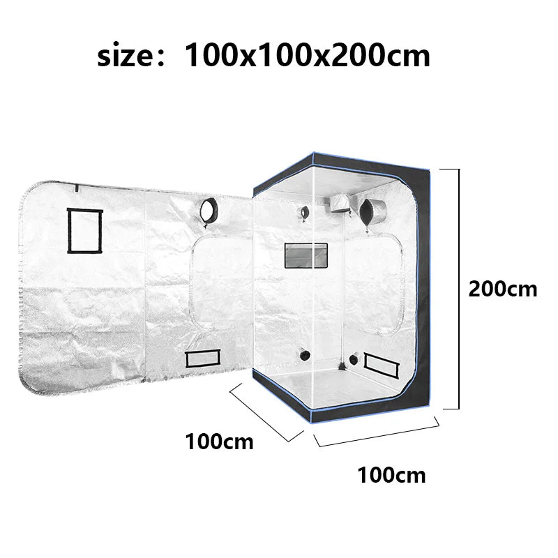 SJ - Blue tent, connected with plastic, equipped with white pipes. It is an indoor growing tent and a greenhouse.