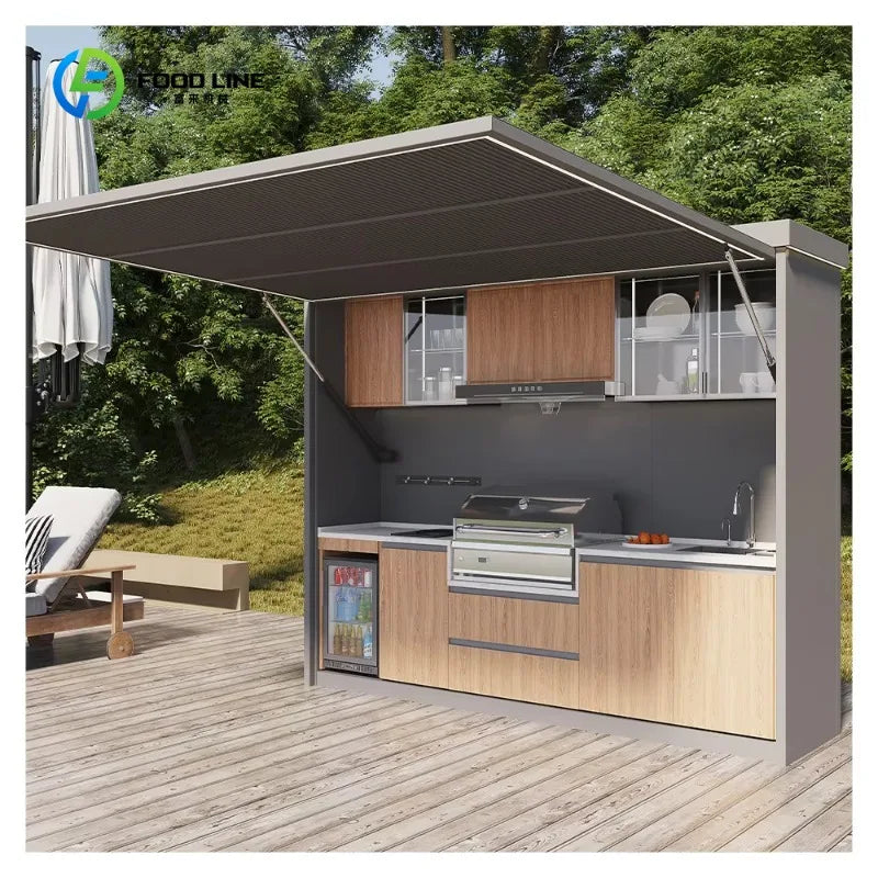 Customized Stainless Steel Frame Outdoor Kitchen Set Modular Party Mobile Play Outdoor Kitchen and bar with Cooker and Fridge