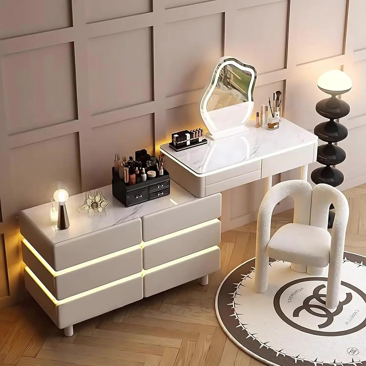Vanity Desk Modern Vanity Table with Smart LED Mirror Minimalist Vanities Set Includes Expandable Side Cabinet with Wraparound L