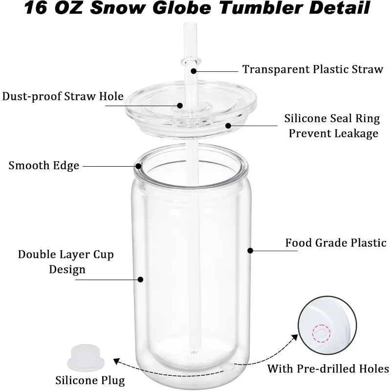 16 oz Plastic Snow Globe Tumbler, 16 Pack Double Wall Snowglobe Tumbler with Pre Drilled Hole, Plastic Mason Jar Cups Can for Sn