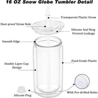16 oz Plastic Snow Globe Tumbler, 16 Pack Double Wall Snowglobe Tumbler with Pre Drilled Hole, Plastic Mason Jar Cups Can for Sn