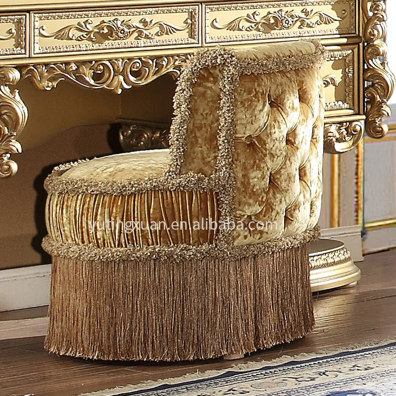 European Antique Solid Wood Makeup Vanities Bedroom Dresser Chair with Elegant Old World Design and Mirror for Apartment Use