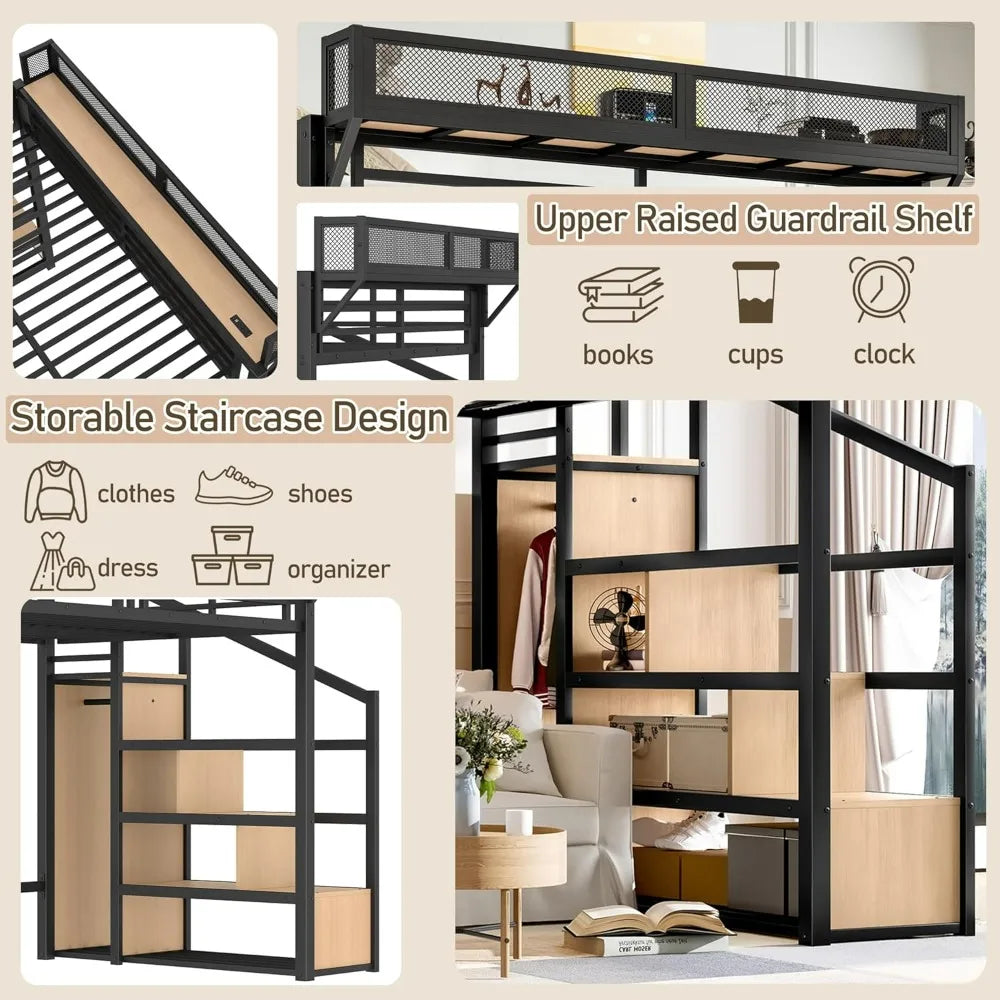 Queen Size Metal Loft Bed Frame with Storage Stairs, Side Shelf, Wardrobe, USB Ports, and LED Lighting