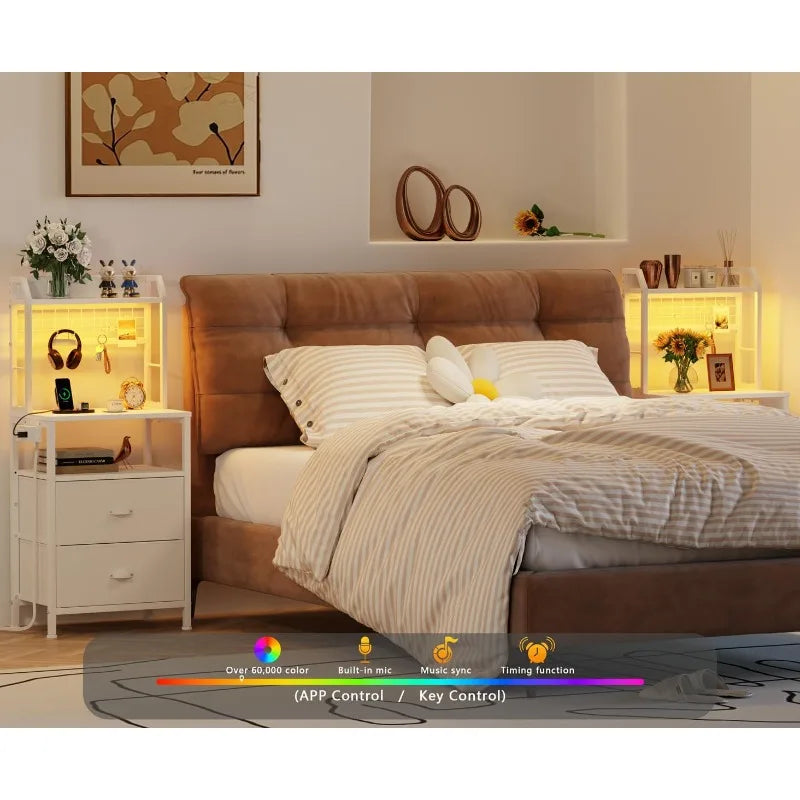 41'' Tall Nightstand with Charging Station, Bedside Table with LED Lights, End Table with 2 Drawers and Storage Shelves