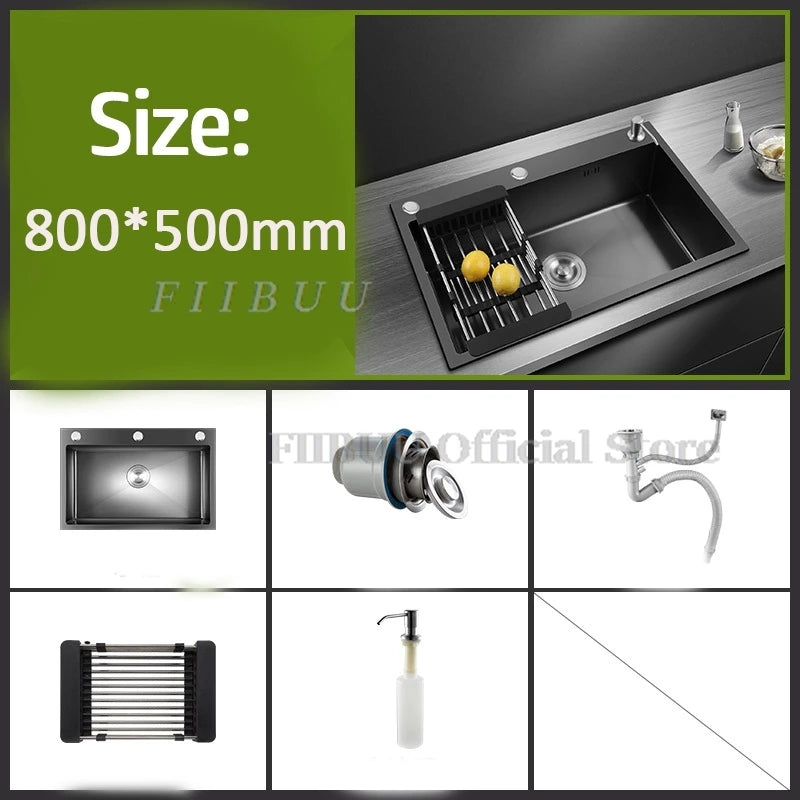 Black Nano Wash Basin Single Sink creative Stainless Steel Kitchen Sinks Drain Set Home Handmade Wash Basin Kitchen Accessories